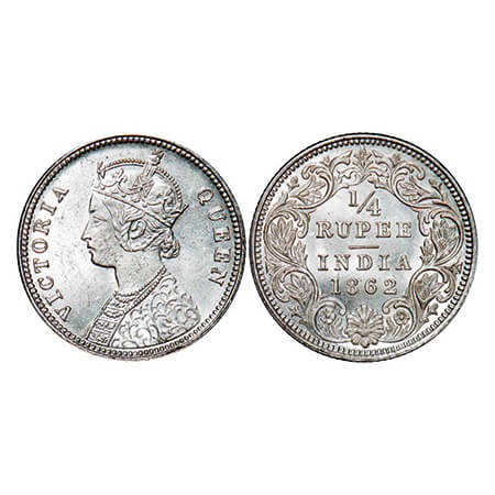 Victoria Queen, Silver, Quarter Rupee, 1862, Calcutta Mint, A/I. GK 375. Mint State. Very 