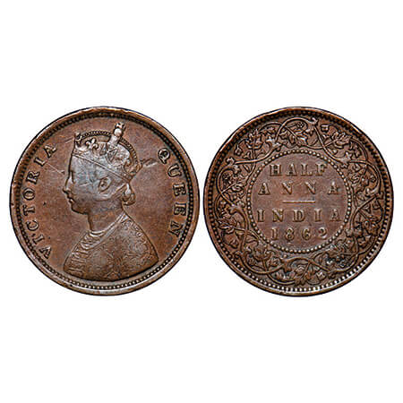 Victoria Queen, Copper, Half Anna, (31.40mm), 1862, Calcutta Mint, A/II, The Queens jabot 