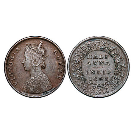 Victoria Queen, Copper, Half Anna, 1862, (30.80 mm), Madras Mint, A/I, Smugged type flower