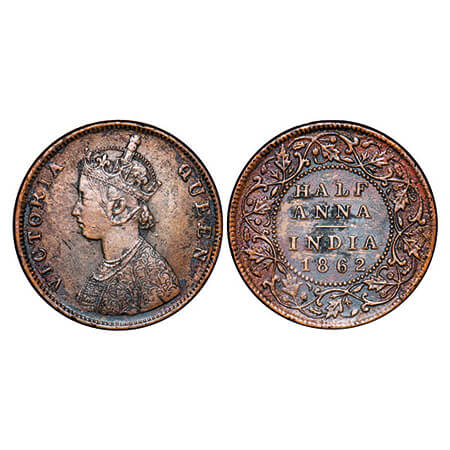 Victoria Queen, Copper, Half Anna, 1862, (30.72 mm), Madras Mint, A/I, Smugged type flower