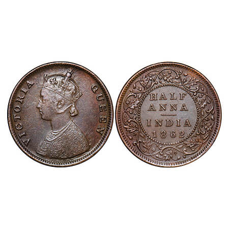 Victoria Queen, Copper, Half Anna, 1862, (30.84 mm), Madras Mint, A/I(i), Flowers with Fiv