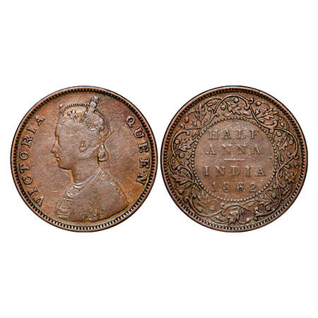 Victoria Queen, Copper, Half Anna, 1862, (30.55 mm), Bombay Mint, A/I, Smugged type flower