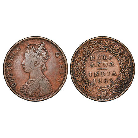 Victoria Queen, Copper, Half Anna, 1862, Bombay Mint, A/I, Smuged Type flowers. GK 392. Ab
