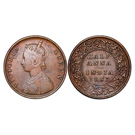 Victoria Queen, Copper, Half Anna, 1862, (30.60 mm), Bombay Mint, A/I(i), Flowers with Fiv