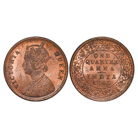 Victoria Queen, Copper, Quarter Anna, 1862, Calcutta Mint, A1/I, No mint mark, Die cracks 
