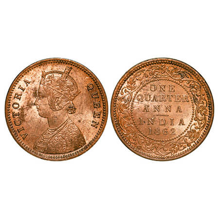 Victoria Queen, Copper, Quarter Anna, 1862, Madras Mint, A/I, No mint mark, Die cracks on 