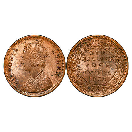 Victoria Queen, Copper, Quarter Anna, 1862, (25.38mm), Madras Mint, A/I, No mint mark, The