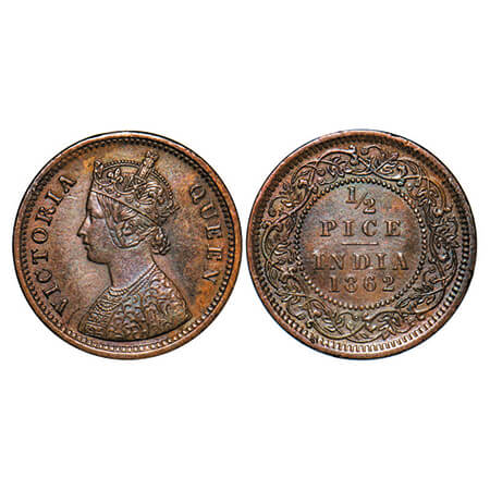 Victoria Queen, Copper, 1/2 Pice, 1862, (21.16 mm), Calcutta Mint, A/I. GK 401. Extremely 