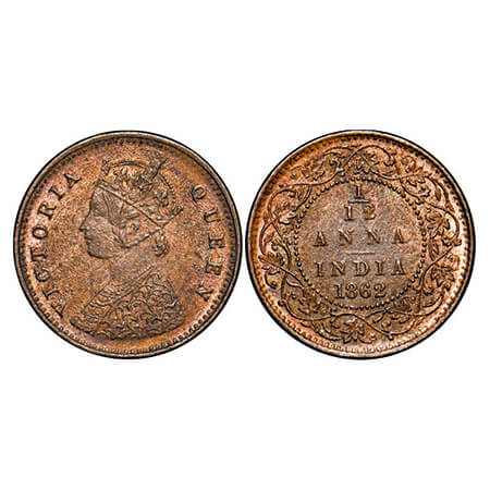 Victoria Queen, Copper, 1/12 Anna, 1862, Madras Mint, A/I. GK 405. Very Fine+, Cleaned. Sc