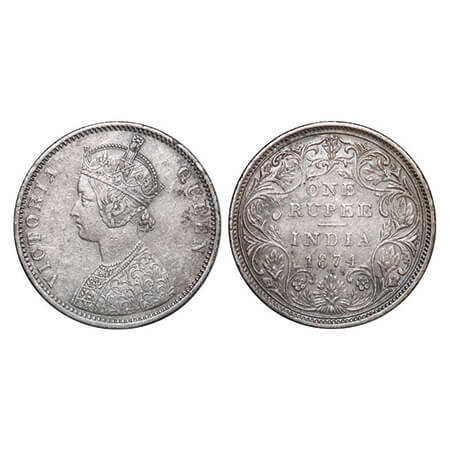 Victoria Queen, Silver, Rupee, 1874, Bombay Mint, A2/II, No dot, Normal numeral 4. GK 410.