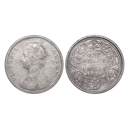 Victoria Queen, Silver, Rupee, 1874, Bombay Mint, A2/II, No dot, Normal numeral 4. GK 410.