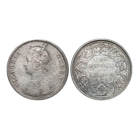 Victoria Queen, Silver, Rupee, 1874, Bombay Mint, A2/II, No dot, Normal numeral 4. GK 410.