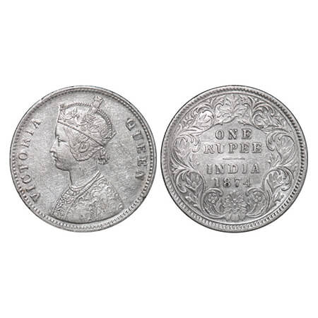 Victoria Queen, Silver, Rupee, 1874, Calcutta Mint, A1/I, No mint mark. GK 418. Very Fine.