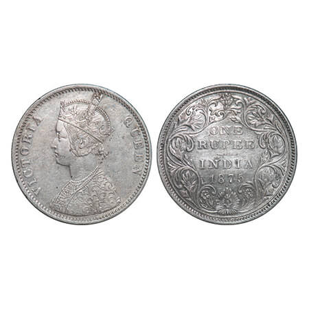 Victoria Queen, Silver, Rupee, 1875, Bombay Mint, A2/II, Dot, Top stroke of numeral 5 long