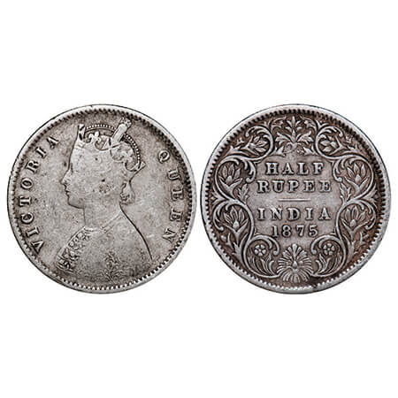 Victoria Queen, Silver, Half Rupee, 1875, Calcutta Mint, A/I, No mint mark. GK 604. About 