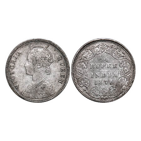 Victoria Queen, Silver, 1/4 Rupee, 1876, Calcutta Mint, A/I, No mint mark, No 'C'. GK 669.