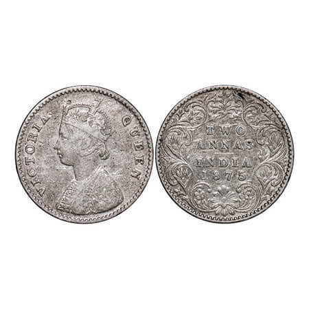 Victoria Queen, Silver, 2 Annas, 1875, Calcutta Mint, A/I, No mint mark. GK 742. Very Fine