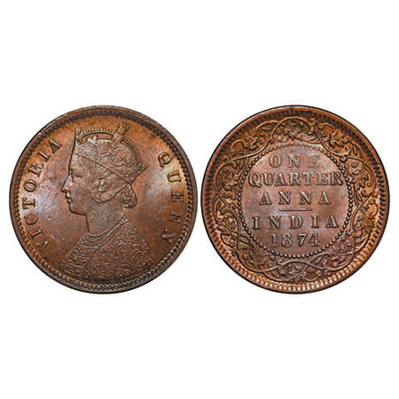 Victoria Queen, Copper, Quarter Anna, 1874, Calcutta Mint, B/I, No mint mark. GK 823. Almo
