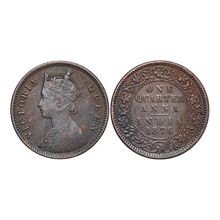 Victoria Queen, Copper, Quarter Anna, 1876, Calcutta Mint, B/II, No mint mark GK 827. Abou