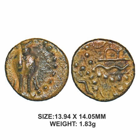 Western Kshatrapas, Damasena (144-160SE/222-238AD), Potin, 1.83g, Obv: Humped bull standin