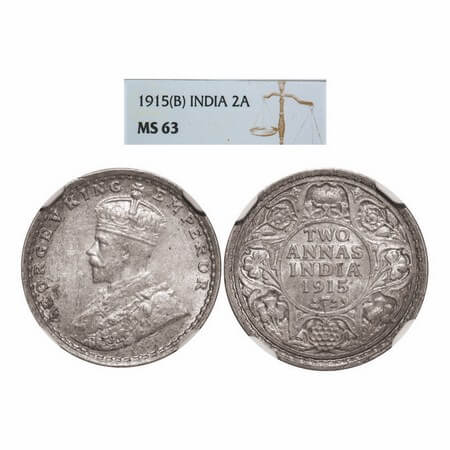 George V, Silver, 2 Annas, 1915, Bombay Mint, Dot. GK 1115. NGC Slabbed MS 63. Rare.