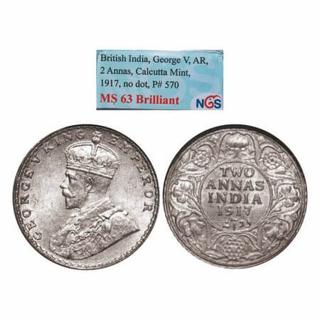 George V, Silver, 2 Annas, 1917, Calcutta Mint, No dot. GK 1117. NGS Slabbed MS 63 Brillia