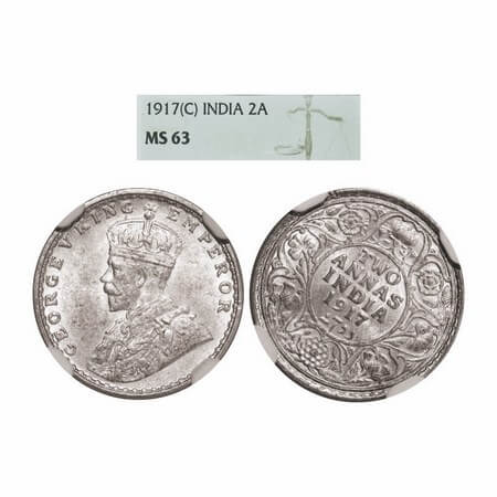George V, Silver, 2 Annas, 1917, Calcutta Mint, No dot, 1 o'clock die rotation on Rev. GK 