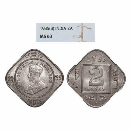 George V, Copper-Nickel, 2 Annas, 1935, Bombay Mint, Dot. GK 1139. NGC Slabbed MS 63. Very