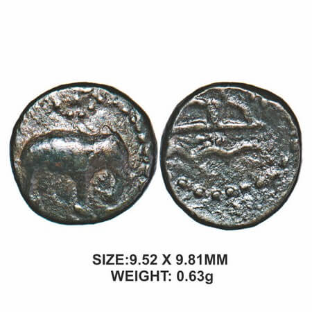 Western Kshatrapas, Damasena (c. 223-236 AD), Potin Unit, 0.63g, Obv: Elephant walking to 
