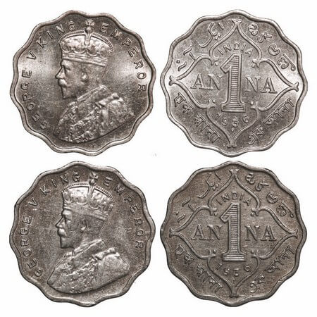 George V, Copper-Nickel, 1 Anna, (2 coins), 1936, Bombay Mint, Dot, 1) Small dot, 2) Big d