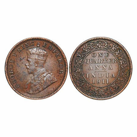George V, Bronze, Quarter Anna, 1911, Calcutta mint, No dot, Pig-Type. GK 1171. About Unci