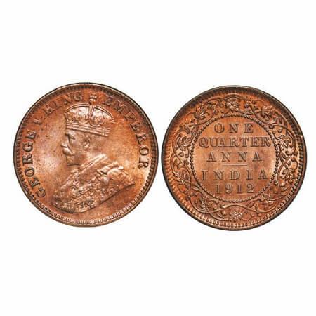 George V, Bronze, Quarter Anna, 1912, Calcutta Mint, No dot, Elephant-Type. GK 1172. Brill