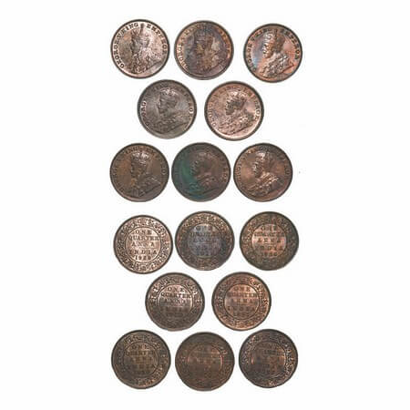 George V, Bronze, Quarter Anna, (Lot of 8 coins), 1) 1913, Calcutta mint, No dot, 2) 1920,