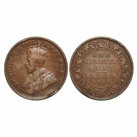 George V, Bronze, Quarter Anna, 1916, Calcutta Mint, No dot. GK 1175. Nick on rim edge, Ve