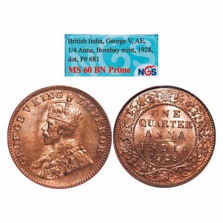 George V, Bronze, Quarter Anna, 1928, Bombay Mint, Dot. GK 1187. NGS Slabbed MS 60 BN Prim
