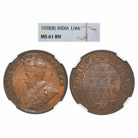 George V, Bronze, Quarter Anna, 1928, Bombay Mint, Dot. GK 1187. NGC Slabbed MS 61 BN. Ver