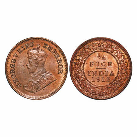 George V, Bronze, 1/2 Pice, 1912, Calcutta Mint, No mint mark, Die crack on Obv. GK 1198. 