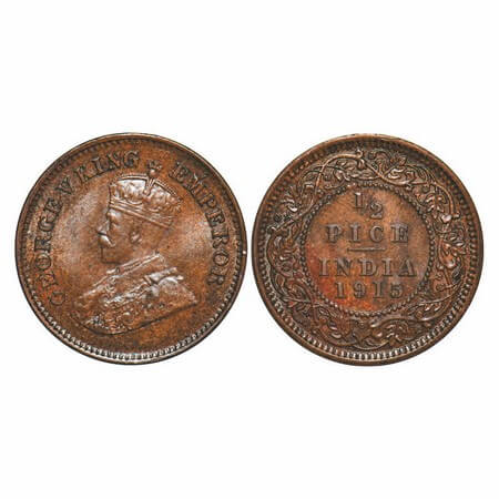 George V, Bronze, 1/2 Pice, 1915, Calcutta Mint, No mint mark. GK 1201. Uncirculated. Scar