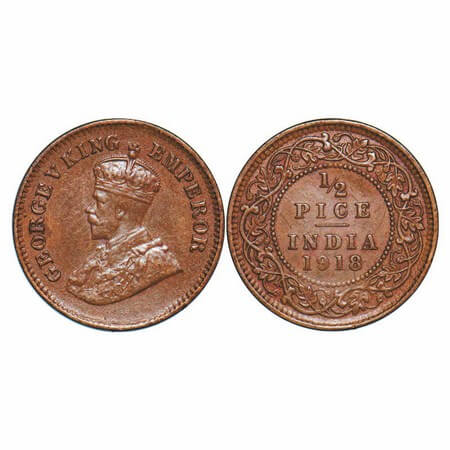George V, Bronze, 1/2 Pice, 1918, Calcutta Mint, No mint mark, Ghost on Rev. GK 1204. Almo