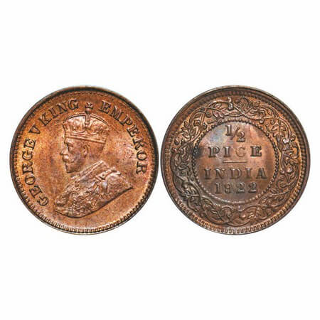 George V, Bronze, 1/2 Pice, 1922, Calcutta Mint, No mint mark, Complete ghost impression o