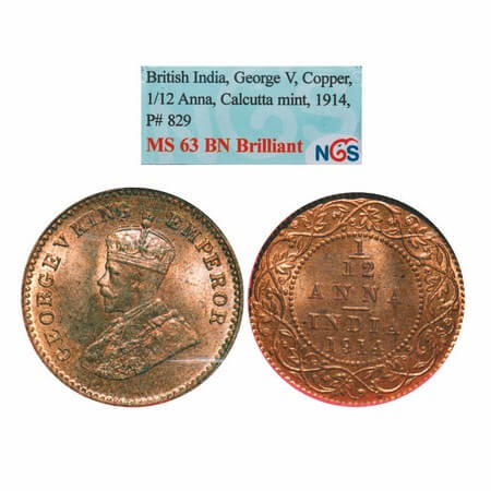 George V, Bronze, 1/12 Anna, 1914, Calcutta Mint, No dot. GK 1225. NGS Slabbed MS 63 BN. V