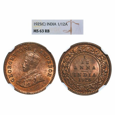 George V, Bronze, 1/12 Anna, 1925, Calcutta Mint, No dot, Second lowest minted coin in Geo