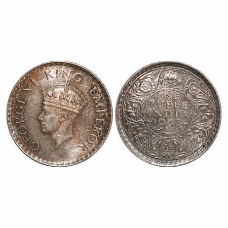 George VI, Silver, Rupee, 1938, Bombay Mint, A/I, Dot, Milled edge. GK 1255. Brilliant Unc