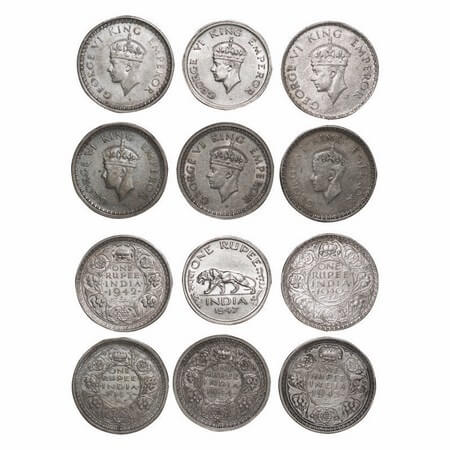 George VI, Mix Metal, Rupee, (lot of 6), Half Silver, Bombay Mint, Security edge, 1) 1940,