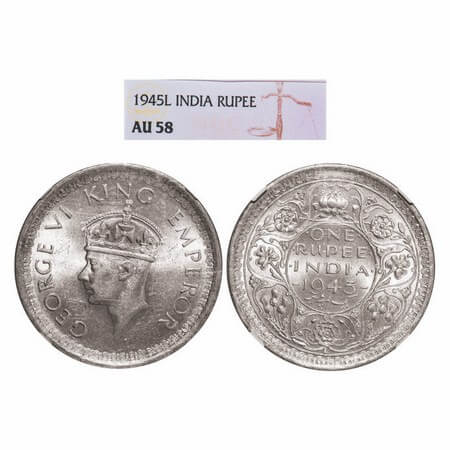 George VI, Half Silver, Rupee, 1945, Lahore Mint, D/II, 'L' raised, Security edge, Thick '
