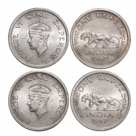 George VI, Nickel, Rupee, (2 coins), 1947, Lahore Mint, E/IV, No mint mark, Security edge.