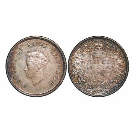 George VI, Silver, Half Rupee, 1939, Bombay Mint, A/I, Hed Type I, Dot, Milled edge. GK 12