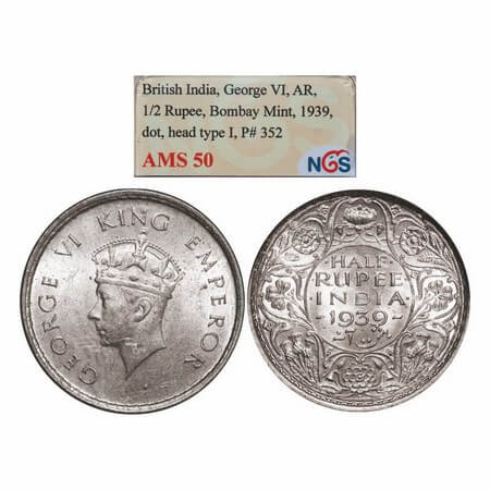 George VI, Silver, Half Rupee, 1939, Bombay Mint, A/I, Head Type I, Dot, Milled edge. GK 1