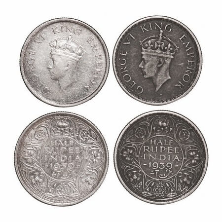 George VI, Silver, Half Rupee, (2 coins), 1939, 1) Bombay Mint, A/I, Head Type I, Dot, Mil
