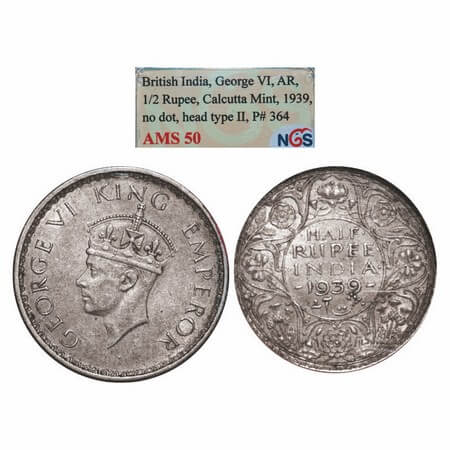 George VI, Silver, Half Rupee, 1939, Calcutta Mint, A(a)/I, Head Type II, Rev I, No dot, M